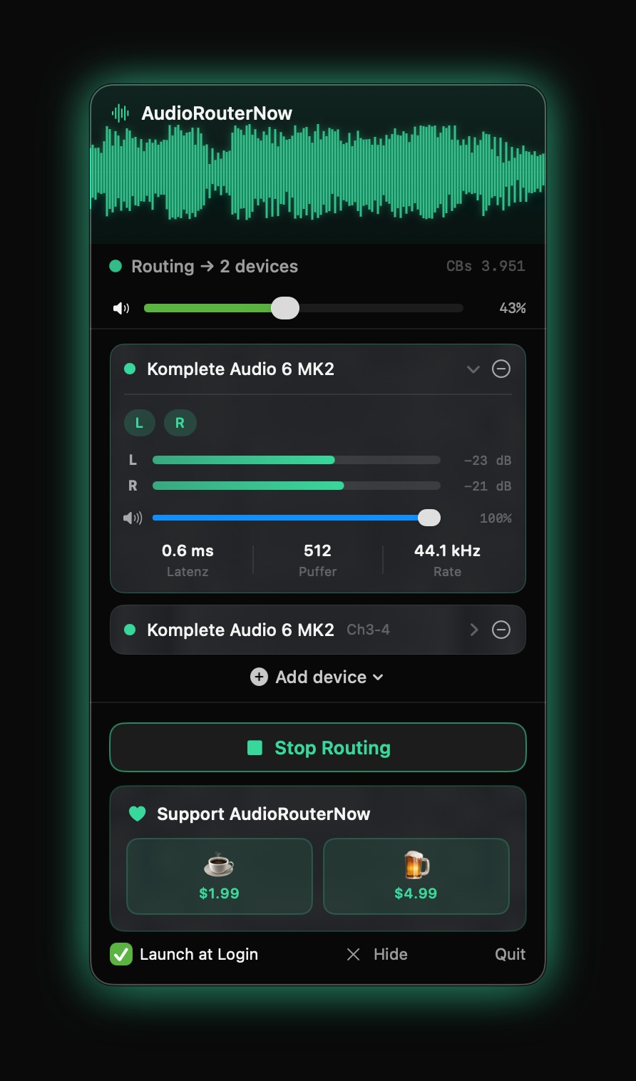 AudioRouterNow routing to 4 devices simultaneously
